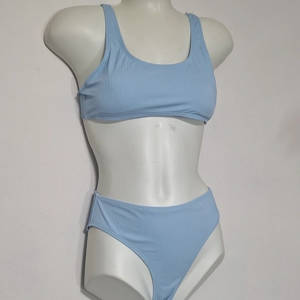 Mienqe Light Blue Ribbed Swim Bikini Set